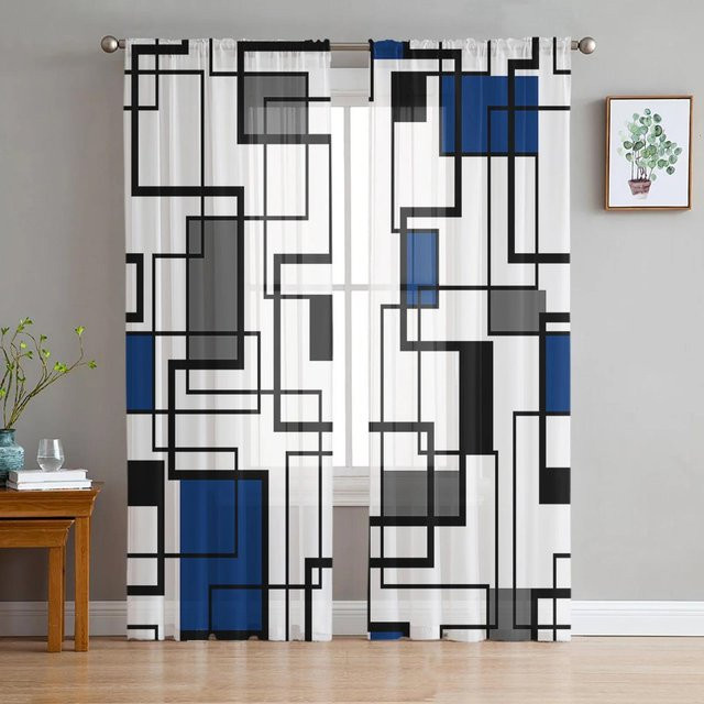 Yiran Furniture Transparenter Tüll-Vorhang mit abstrakter Geometrie in Schwarz und Blau, Breite: 135 cm, Höhe: 115 cm - Bild 1