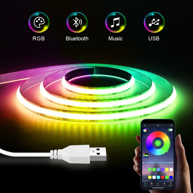 Rybakov Bluetooth RGB COB LED Streifen mit Fernbedienung und Dimmfunktion für TV Hintergrundbeleuchtung, Multicolour, 240 cm - Bild 1