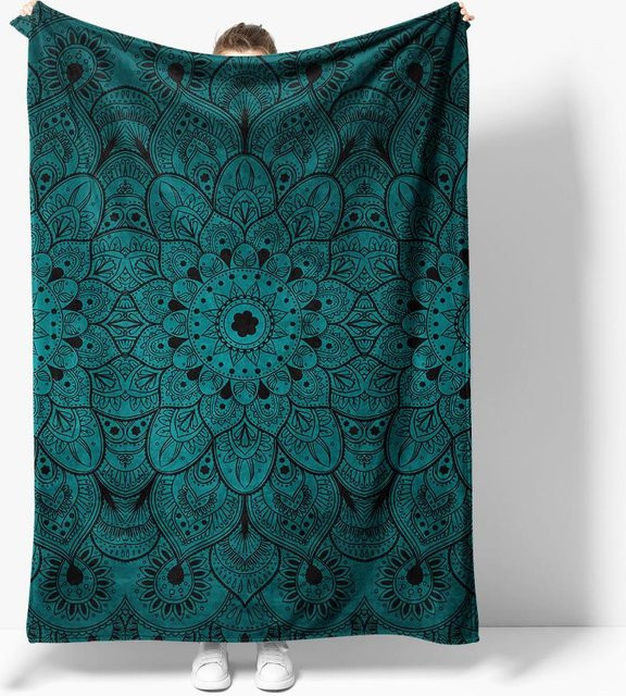 Monika Chen Boho Mandala Fleece-Decke mit Paisley Tribal-Druck in Dunkelgrün und Schwarz, B/H: 75 x 100 cm - Bild 1