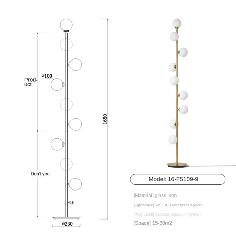 IISINUO Wohnzimmer-Stehlampe mit 9 Glaskugeln in Transparent und Weiß, moderne Bodenleuchte aus Glas und Metall, Höhe: 165 cm - Bild 5