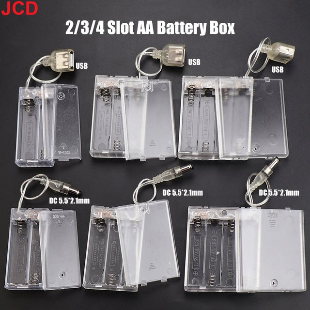 JCD AA Batteriehalter Aufbewahrungsbox mit Abdeckung und EIN/AUS-Schalter, transparent, mit USB-Anschluss und DC5.5*2.5mm Barrel Plug - Bild 1
