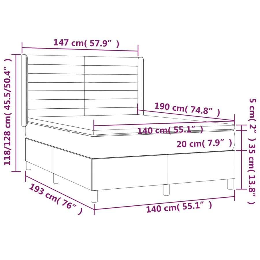 vidaXL Boxspringbett Hybrid mit Matratze und Kopfteil, Dunkelgrau, B/T/H: 190 x 140 x 128 cm - Bild 2