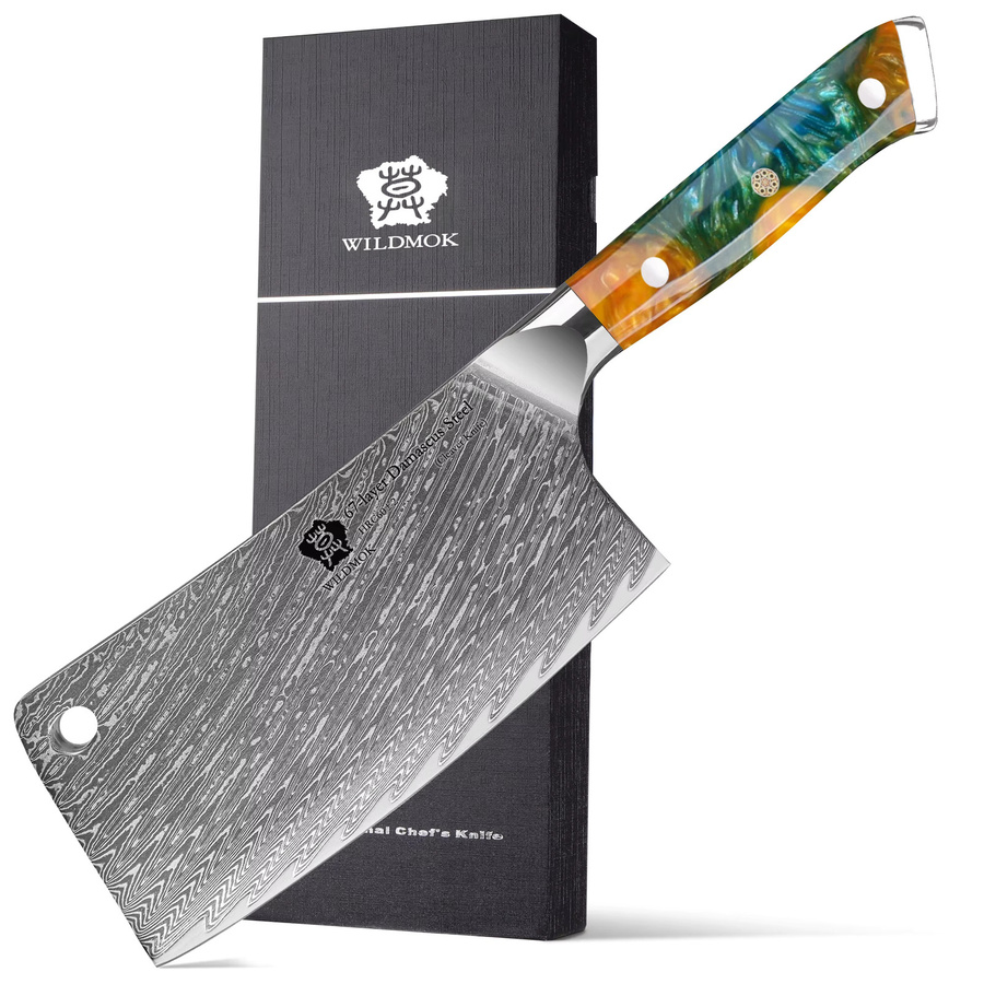 WILDMOK Damaszener Knochenhackmesser mit 67 Lagen VG10 Stahl und orangefarbenem Harzgriff - Bild 6