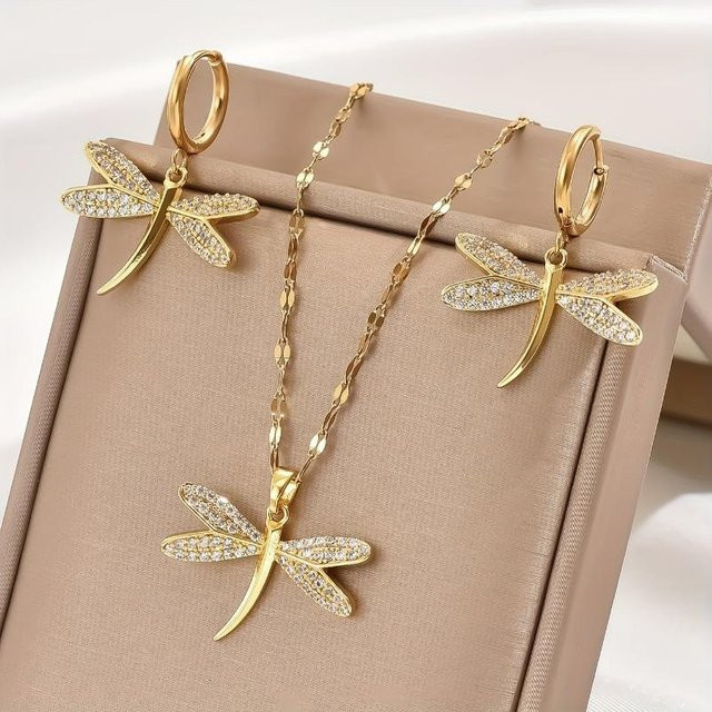 Schmuck-Set Ohrringe und Halskette, Kupfer, Goldfarbe, Zirkonia, Damen - Bild 1