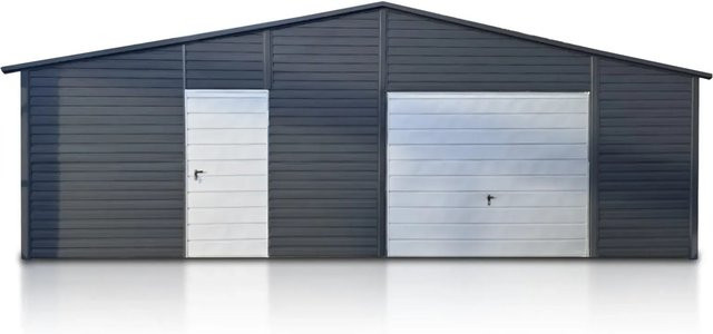 Liderstal Halle Standard aus Blech in Graphit mit Stahlkonstruktion, 2 Schwingtoren mit Antrieb, 6 Fenstern und Seitengiebeln, B/T/H: 900 x 2000 cm - Bild 1