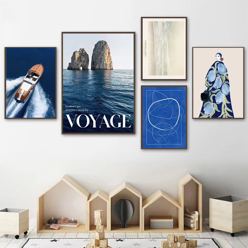 Potdemiel Abstrakte Leinwandmalerei Blau mit Blumen und Vase als modernes Wandbild für dein Wohnzimmer - Bild 2