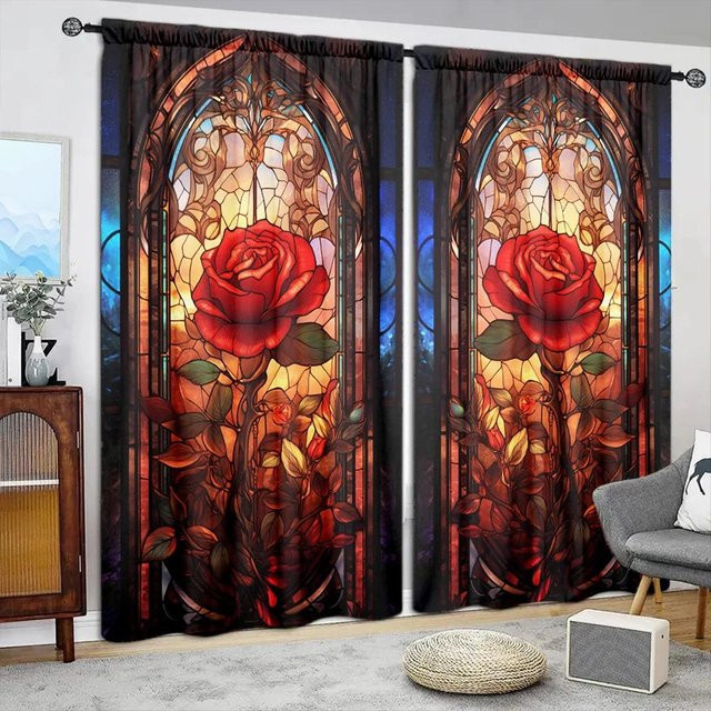 2er-Set 3D-Vorhang mit Rosenlandschaft im Buntglas-Design, braun/mehrfarbig, Polyester, B/H: 52,5 x 116 cm - Bild 1