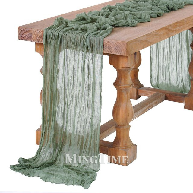 MINGTIME Plissee-Tischläufer aus Gaze in Salbei Grün, Vintage Design für Hochzeit und Party, Länge: 180 cm - Bild 1
