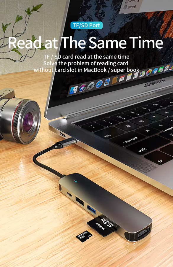 Basix USB-C-Hub Adapter in Grau mit 100 W PD Anschluss, 4K-Kompatibilität und SD-TF-Kartenleser für MacBook Air, iPad Pro und Smartphones - Bild 3