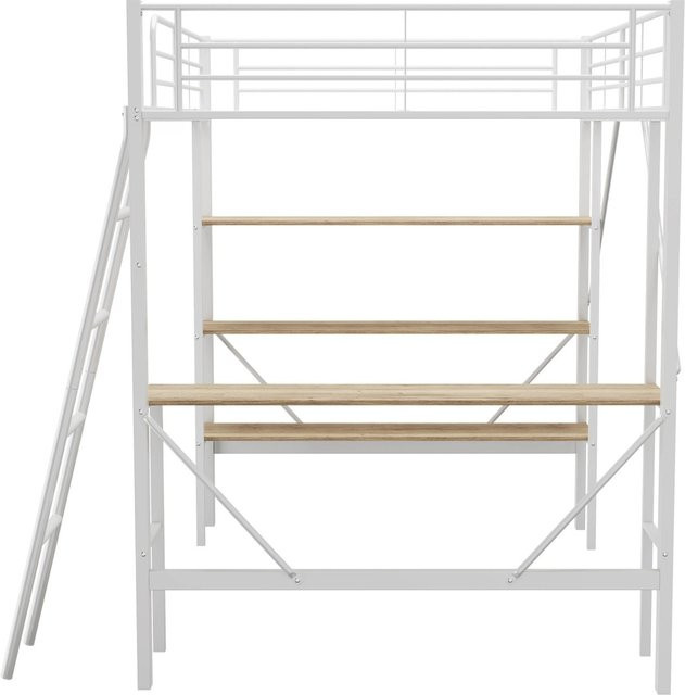 okwish Hochbett aus Metall und MDF in Weiß mit Schreibtisch, Leiter und drei großen Ablagen, B/T/H: 200 x 90 x 149 cm - Bild 1