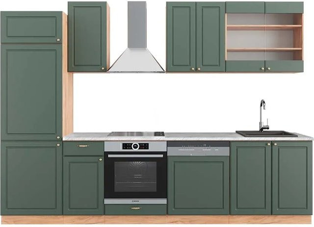Vicco Fame-Line Küchenzeile Landhausstil in Grün-Gold mit Eiche-Optik und Marmor-Design, B: 300 cm, H: 82 cm, T: 60 cm - Bild 1