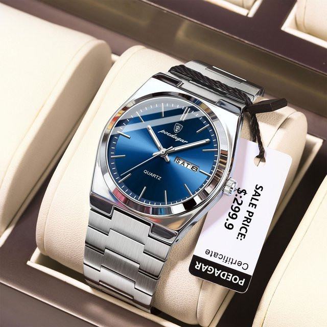 POEDAGAR Armbanduhr Edelstahl, Quarz, Herren, Blau, Datum, Wochentag - Bild 1