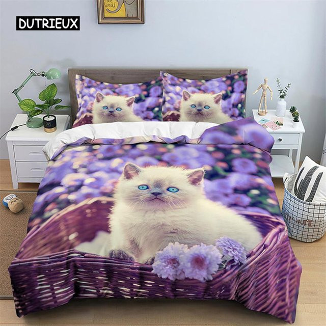 Bettwäsche Set mit 3D Katzen Druck und floralem Design aus Mikrofaser, Multicolor, B/H: 135 x 200 cm - Bild 1