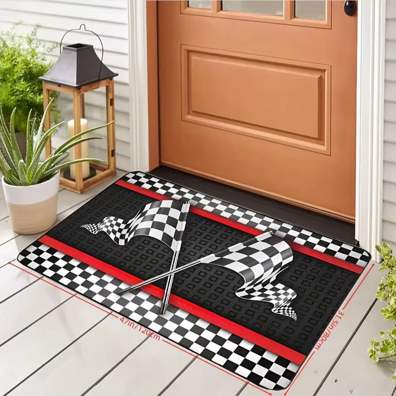 VIKAMA Rennsport-Themenmatte mit schwarz-weiß kariertem Flaggen-Print, rutschfest und maschinenwaschbar, Schwarz-Weiß - Bild 4
