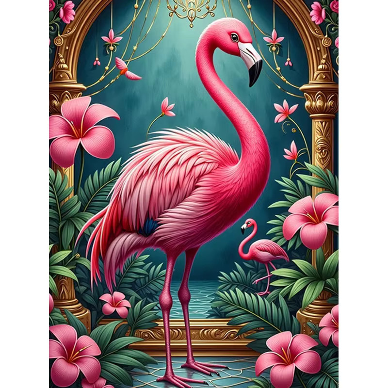 HUACAN Diamantmalerei Flamingo mit Blumen als 5D DIY Kunst Mosaik Wanddekoration, Mehrfarbig, Rund, B: 30,0 cm, H: 20,0 cm - Bild 3