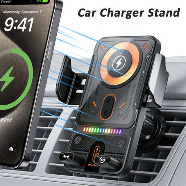 VIKEFON Auto Drahtlose Ladestation mit Auto-Clamping und 360 Grad Rotation, RGB Schnellladehalterung für iPhone 12-17 und Samsung, Schwarz/Multicolor - Bild 1