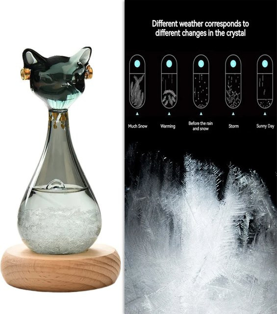 Ägyptische Katze Wettervorhersage Flasche aus Glas mit Holzbasis als Desktop Ornament in Schwarz und Transparent - Bild 1