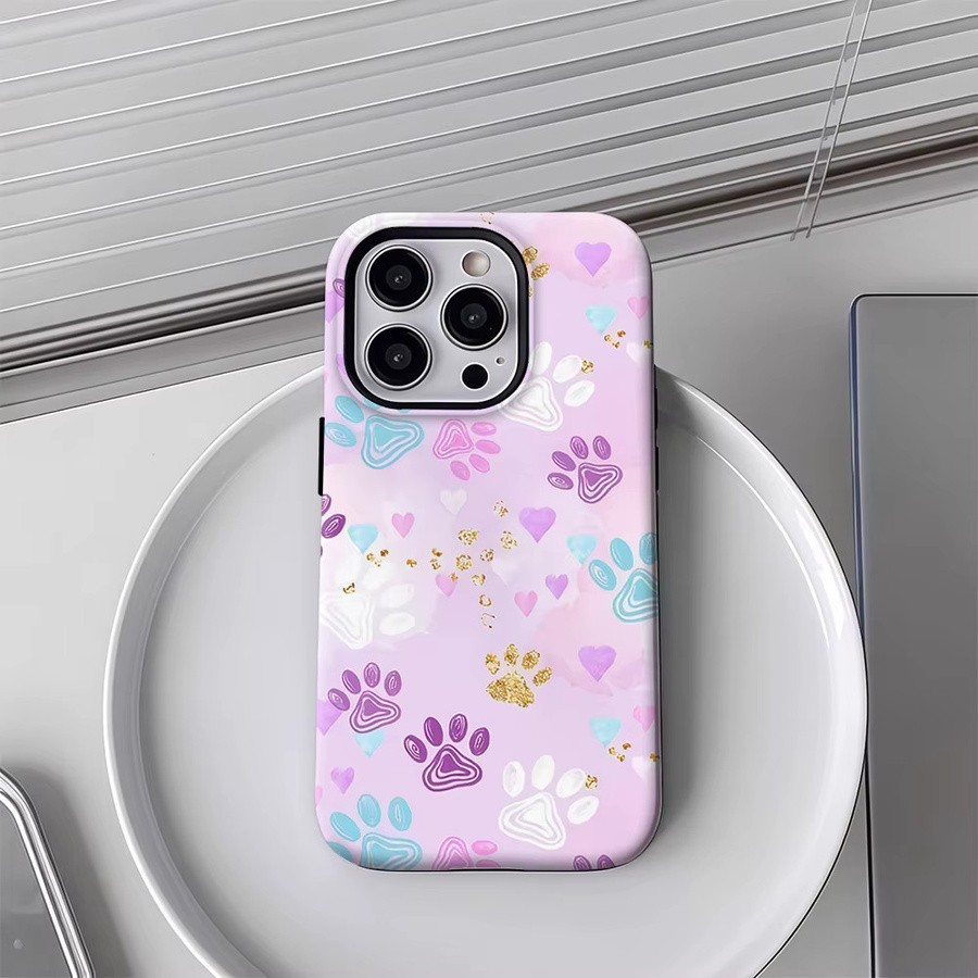Handyhülle mit buntem Pfotenabdruckmuster für Apple iPhone 11 bis iPhone 17 Pro Max Plus, doppelschichtige Rückseite, mehrfarbig - Bild 3