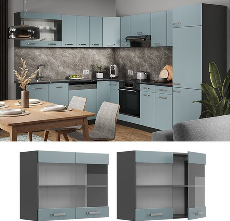 Vicco R-Line Glashängeschrank für die Küche in Anthrazit und Blau-Grau mit Glastüren, B: 80 cm, H: 60 cm, T: 31 cm