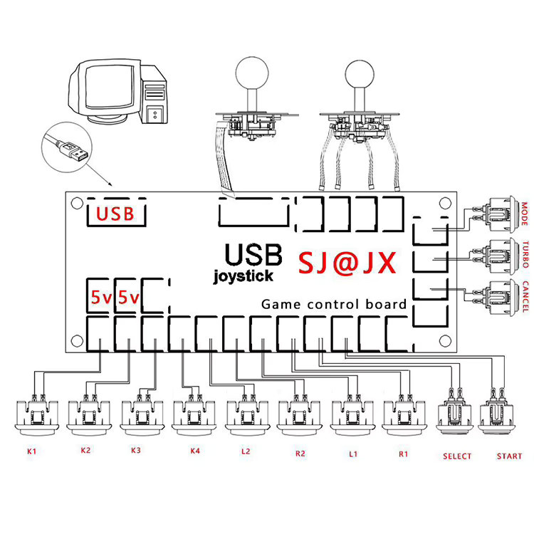 Arcade American Kit Spielmaschine DIY Arcade Konsole mit 8-Wege-Joystick und Drucktasten für PC und Raspberry Pi in Rot und Multicolour - Bild 2