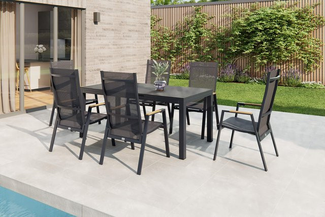Siena Garden Garten-Essgruppe Miros/Savona Move in Anthrazit aus Aluminium, Teakholz und Textilene mit Ausziehtisch und 6 Stapelsesseln, Tisch B: 180 bis 240 cm, B: 90 cm, H: 75 cm - Bild 1