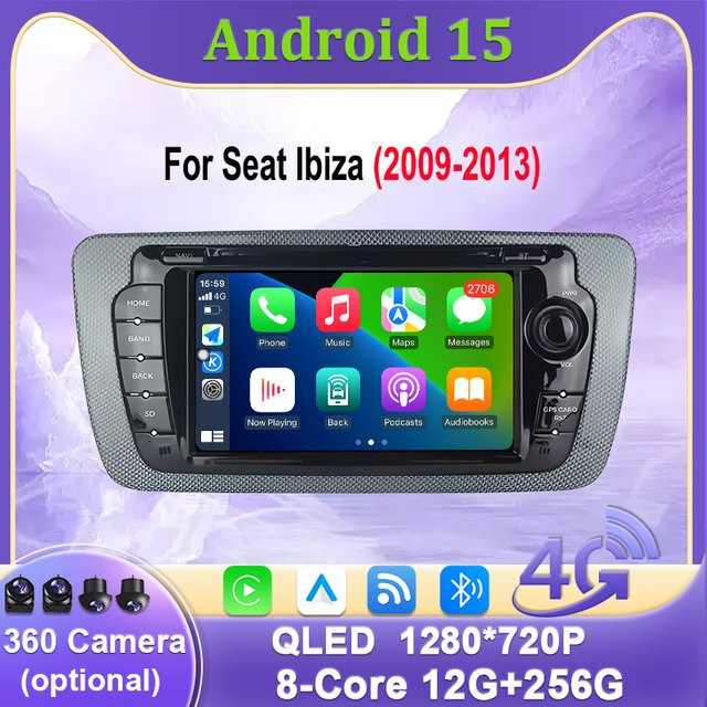 Android 15 Autoradio mit CarPlay, GPS-Navigation, 4G, WiFi und Bluetooth für Seat Ibiza 2009 - 2013 in Schwarz - Bild 1