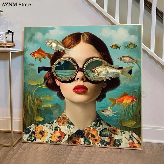 Potdemiel Wandkunst Leinwand Porträt einer Frau mit Blumen und Schmetterlingen im Nordic Boho Stil, Mehrfarbig - Bild 1