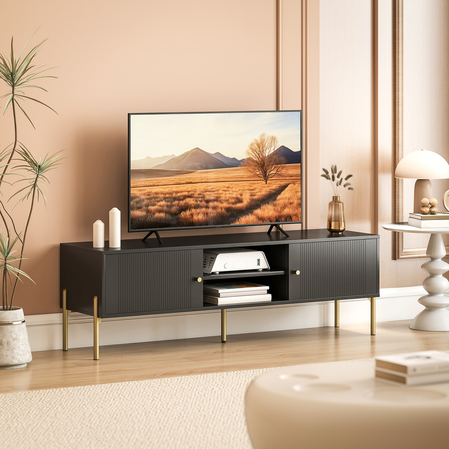Modernes HOMCOM TV-Möbel in Schwarz mit goldfarbenen Stahlfüßen für Fernseher bis zu 165,1 cm, Breite: 140 cm - Bild 2