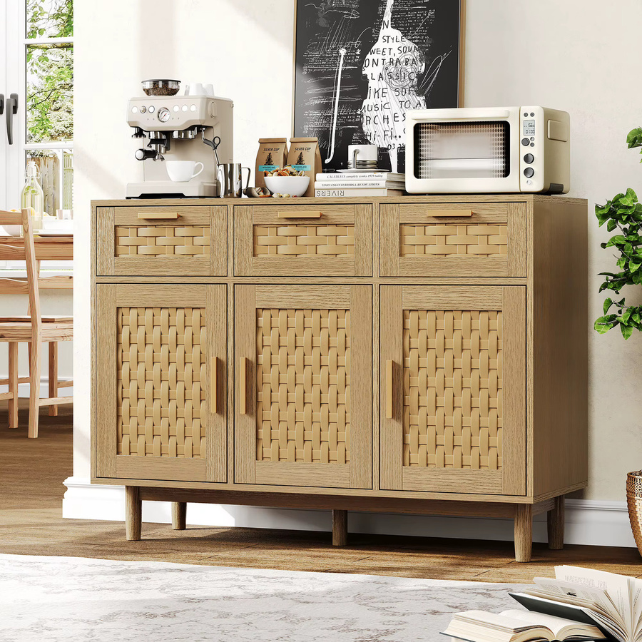 Superaly Rattan-Kommode in Eichenfarbe mit 3 Türen und 3 Schubladen, Sideboard aus Holz-Optik für Wohnzimmer und Küche, B/T/H: 108 x 40 x 80 cm - Bild 3