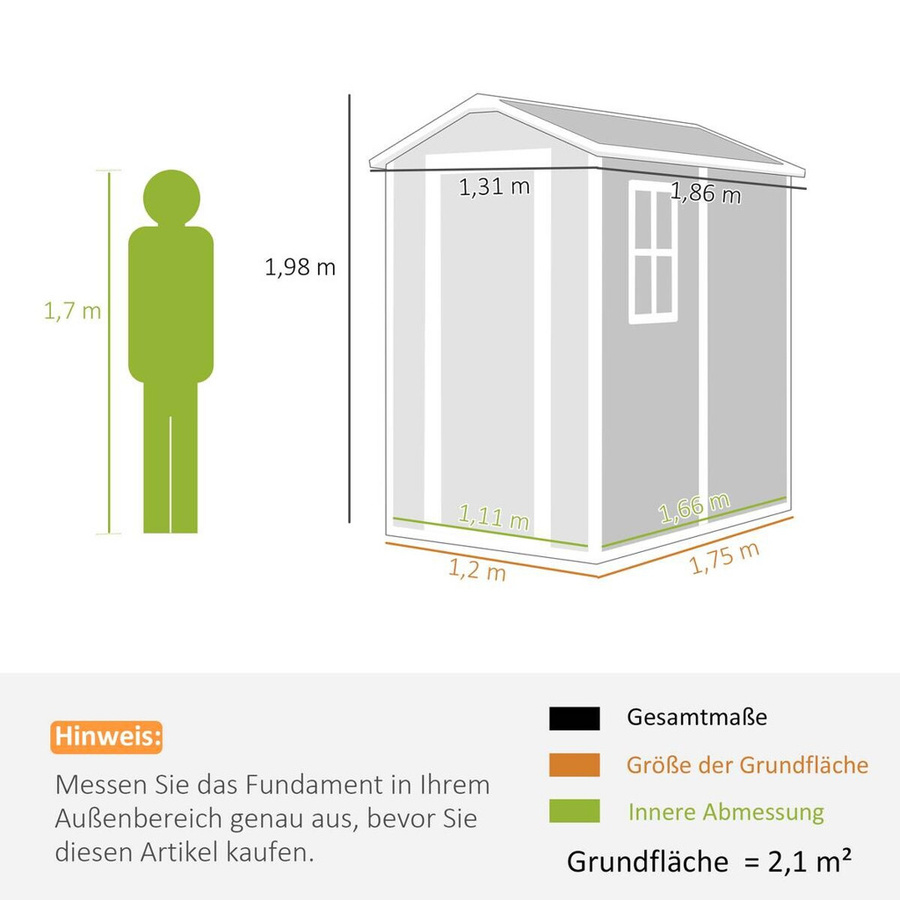 Outsunny Gartenhaus Grau mit Pultdach und Fenster als Geräteschuppen und Fahrradgarage aus Aluminium, B/T/H: 131 x 186 x 198 cm - Bild 3