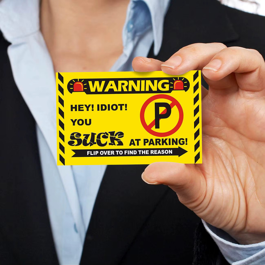 50 beschreibbare Visitenkarten You Park Like an Idiot in Gelb mit Ösen zur Parkplatzwarnung - Bild 3