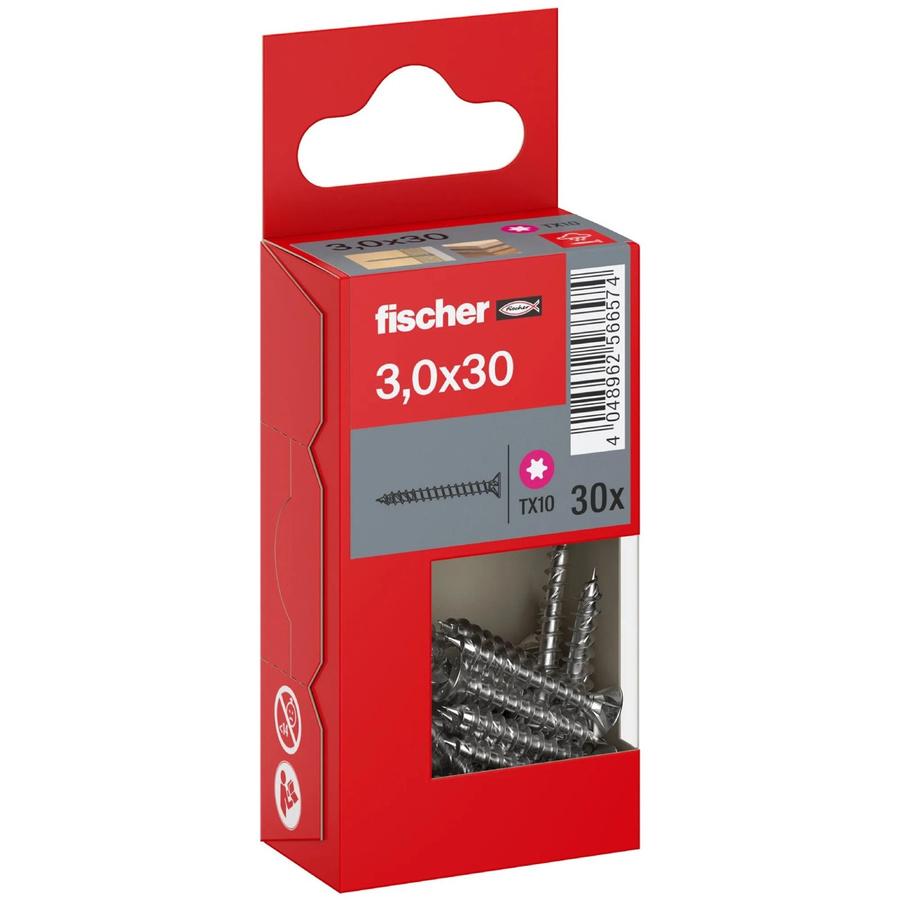 Fischer PowerFast II A2 Senkkopf TX Vollgewinde Schraube aus Edelstahl in Silber, Durchmesser: 3 mm, Länge: 30 mm, 30 Stück - Bild 2