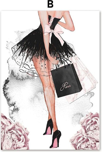 Nordic Wandkunst Leinwand mit Mädchen, Blumen, Lippenstift und High Heels von Fantastic Art Gallery, B/H: 21 x 30 cm, ohne Rahmen - Bild 1