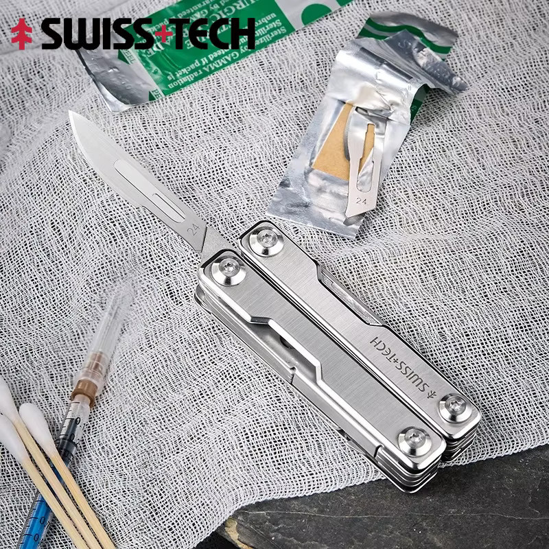 SWISS TECH 9-in-1 Rettungsschere Survival-Multitool als EDC Mini-Schlüsselanhänger in Silber mit Fensterbrecher und Gurtschneider - Bild 2