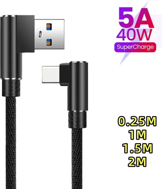 USB-C Ladekabel mit 40 W und 5 A, rechtwinkliges 90 Grad Ellenbogen-Design, geflochtenes Nylon, Schwarz - Bild 1