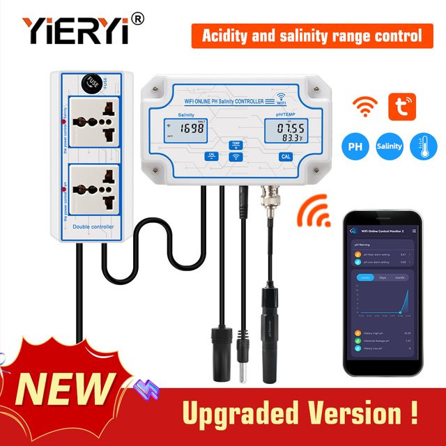 Yieryi WLAN Smart Wasserqualitätsmonitor 3-in-1 PH Salinität Temperatur Tester mit Doppelstecker und Tuya-App-Steuerung in Weiß - Bild 1