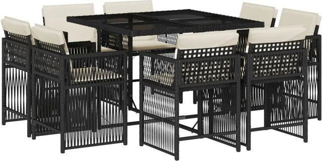 vidaXL 9-tlg Garten-Essgruppe aus PE-Rattan mit Kissen und Hartglas, Schwarz - Bild 1