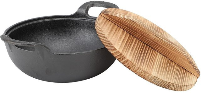 Aimo Gusseisen Wok mit Holzdeckel und 2 Griffen, unbeschichtet, Schwarz, Durchmesser: 20 cm - Bild 1
