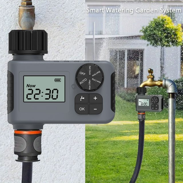 JIHUAN Automatischer Bewässerungstimer mit LCD-Display und IPX5 Schutz, Intelligentes Bewässerungssystem für den Garten in Grau - Bild 1