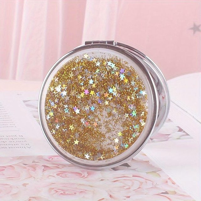 Doppelseitiger Mini Faltbarer Schminkspiegel in Gold mit Glitzer-Design für Damen und Mädchen - Bild 1