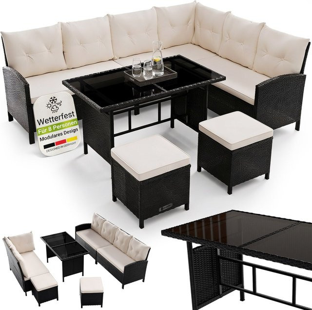 Juskys Gartenlounge Manacor Polyrattan Set in Schwarz mit cremefarbenen Bezügen - Bild 6
