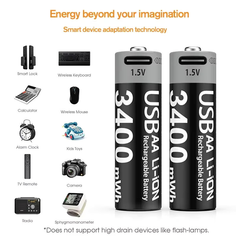 WHITECRANE Wiederaufladbare AA-Lithium-Batterie mit USB Typ C, 1,5 V, 3400 mAh, Schwarz - Bild 5