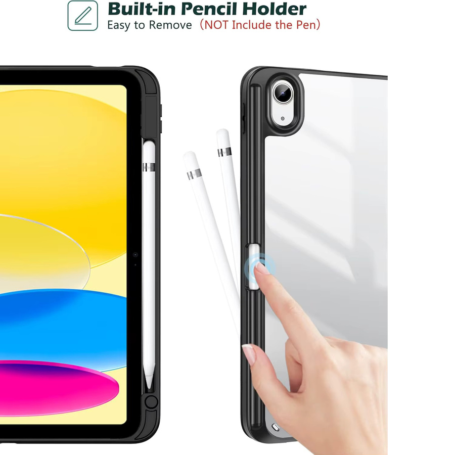 Chenxiaotong Klare Acrylhülle für iPad Air, Pro und Mini mit Stiftschlitz, dreifach faltbarem Ständer und automatischer Sleep/Wake-Funktion, Schwarz - Bild 2