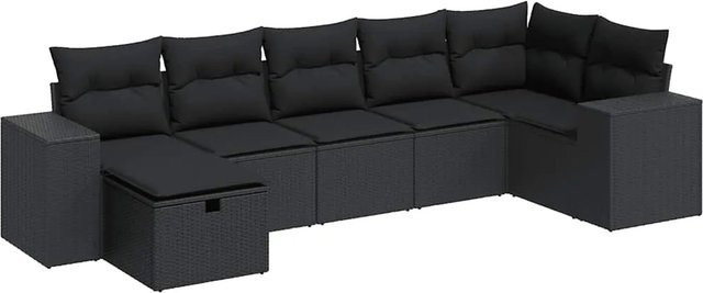 vidaXL 7-tlg. Garten-Sofagarnitur L-Form aus Polyrattan in Schwarz mit Kissen und Metallgestell - Bild 1