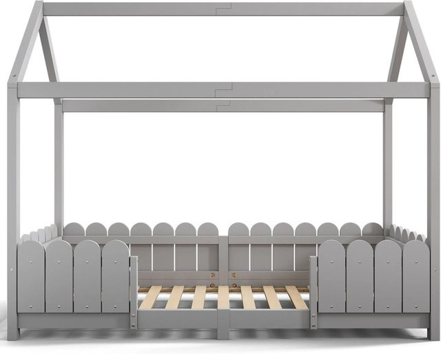 Merax Hausbett für Kinder aus Holz in Grau mit Rausfallschutz, B/T/H: 200 x 90 x 120 cm - Bild 1
