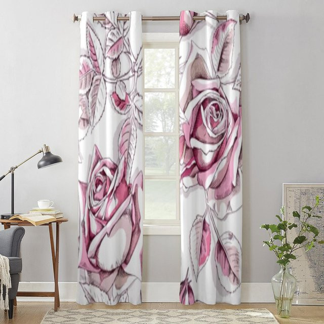 Super Six Fenstervorhang mit rosa Rosenblüten und Blättern, halbtransparent, Farbe: Rosa/Weiß, B: 135 cm, H: 92 cm - Bild 1