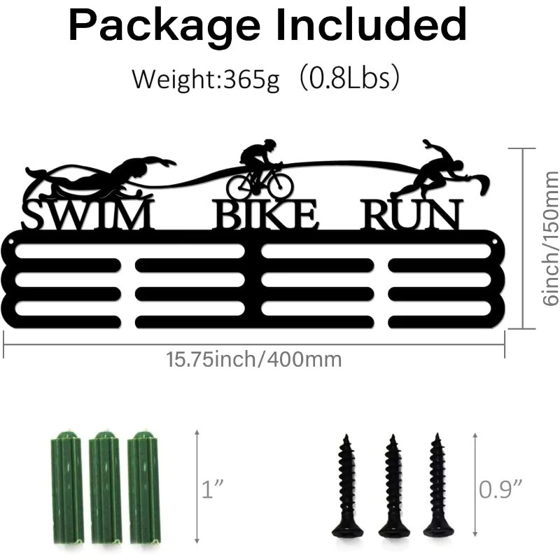 Triathlon Medaillenaufhänger aus Metall in Schwarz als Sportmedaillen Displayrahmen für die Wandmontage - Bild 3