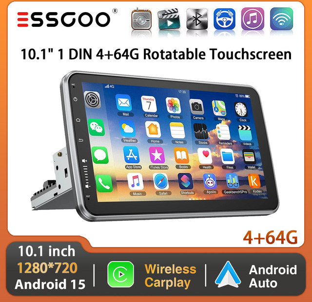 ESSGOO Universal Autoradio mit 10,1 Zoll Touchscreen, Android 15, 64GB, Schwarz, 1 DIN, Kabelloses CarPlay, Android Auto, GPS, WiFi, Bluetooth und RDS - Bild 1