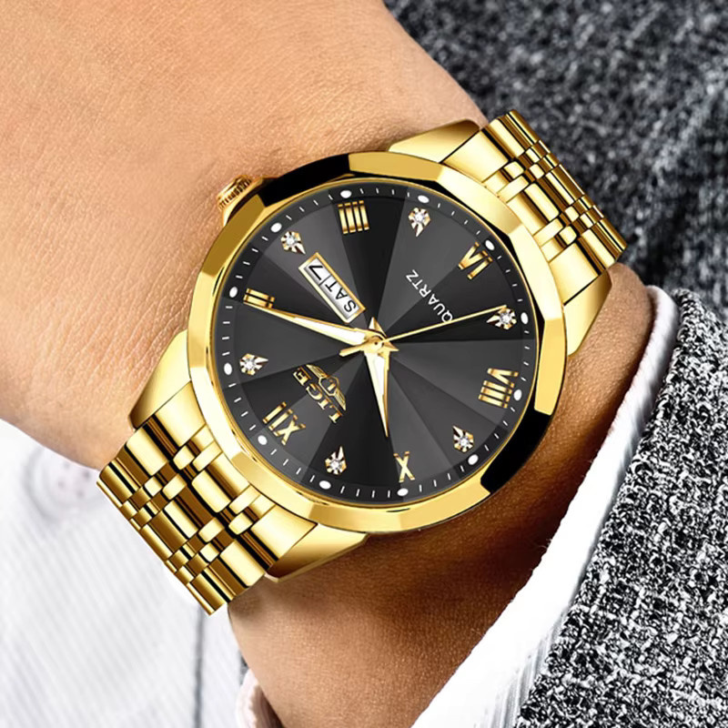 LIGE Armbanduhr Quarz, Edelstahl, Gold, Schwarz, Herren - Bild 5