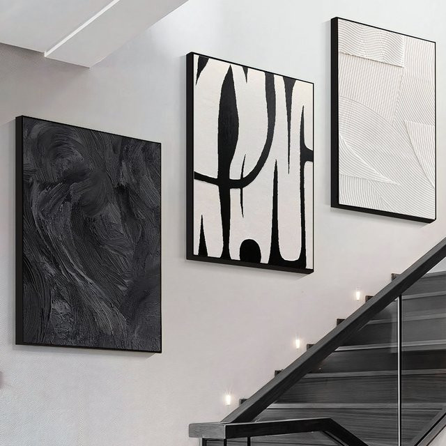 3-teiliges Leinwand-Wandkunst-Set von DHRM mit abstraktem Grafikdesign in Schwarz und Weiß - Bild 1